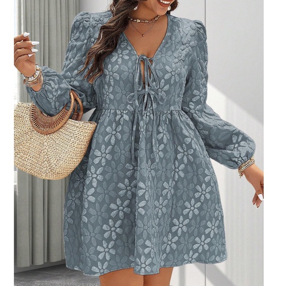 Plus Floral Print Lace Front Tie Puff Long Sleeve Dress - Picture 1 of 10
